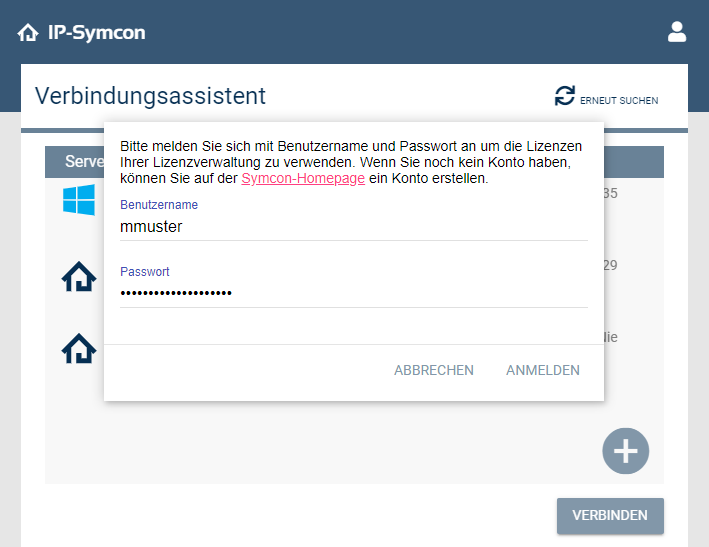 Login über den Verbindungsassistenten