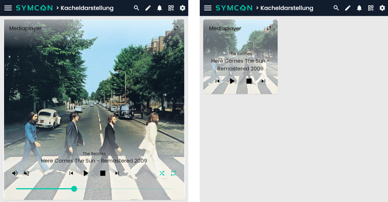 Links eine große Mediaplayer Kachel mit allen Bedienelementen. Rechts eine kleine Mediaplayer Kachel mit weniger Bedienelementen.