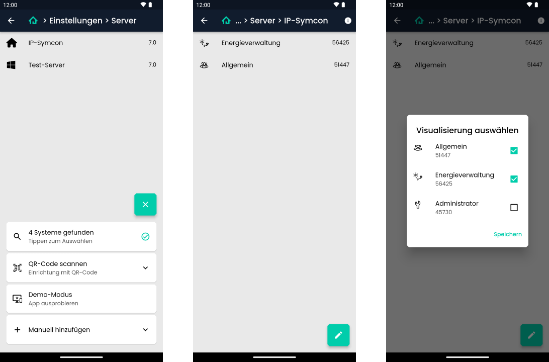 Left an overview of the configured servers and tiles for setting up a new one. In the middle an overview of the set up visualizations. On the right a dialog to select all visualizations