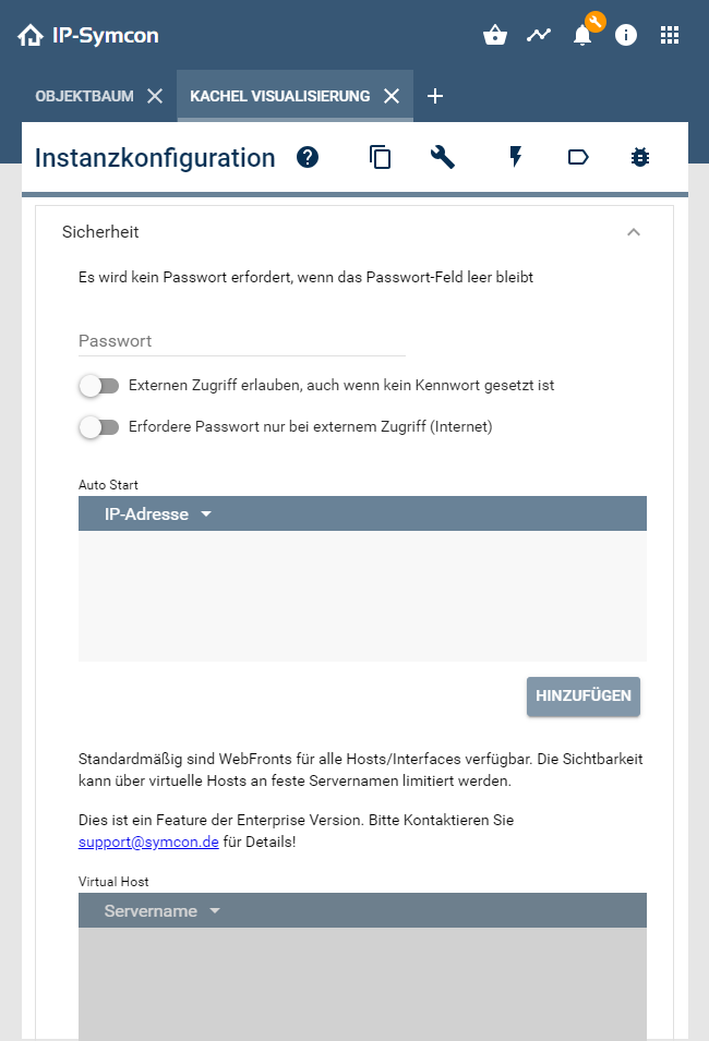 Security menu in the instance configuration of the visualization