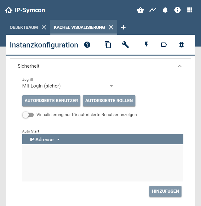 Security menu in the instance configuration of the visualization