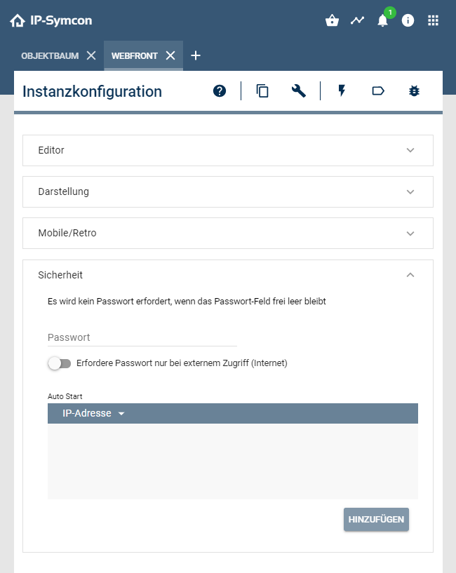 Sicherheitsmenü im WebFront-Konfigurator