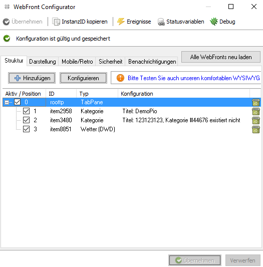 Strukurmenü im WebFront-Konfigurator