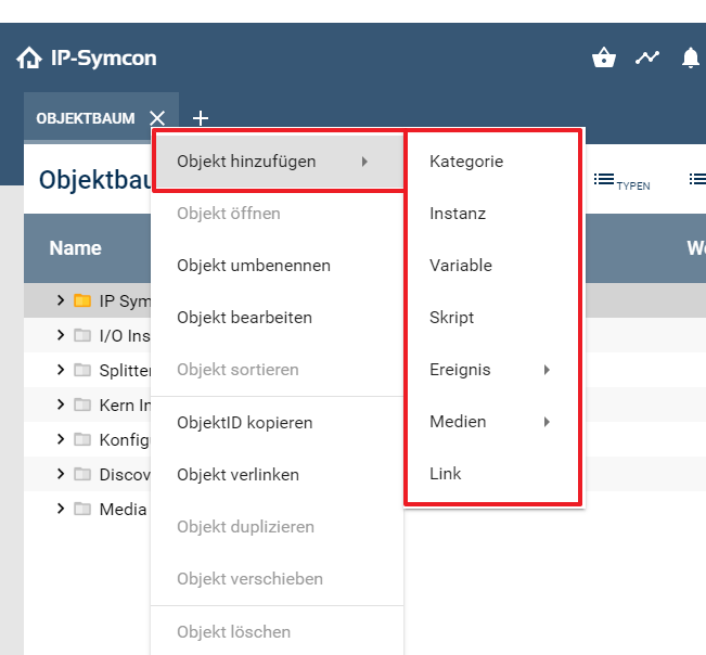 Objekt hinzufügen mithilfe des Kontextmenüs